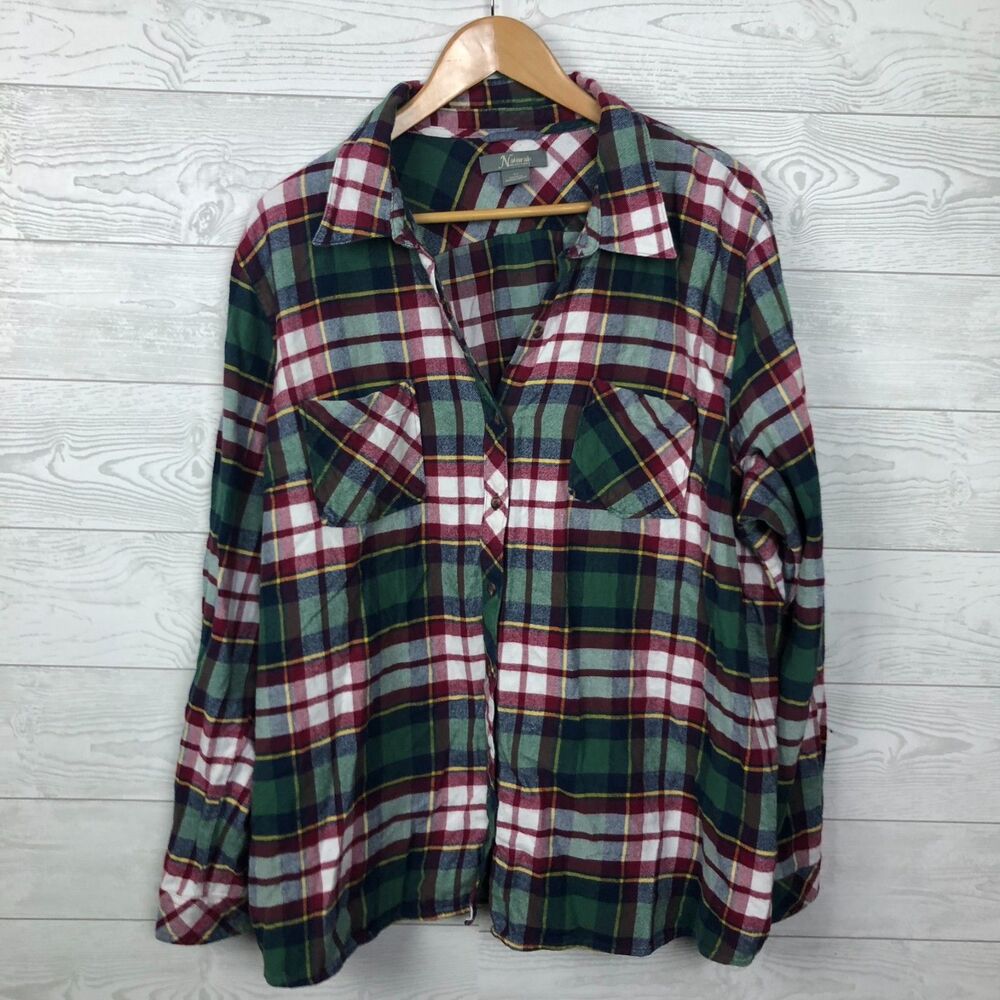 Natural Reflections Women's 2X Plaid Long Sleeve Button Front Shirt Flannel